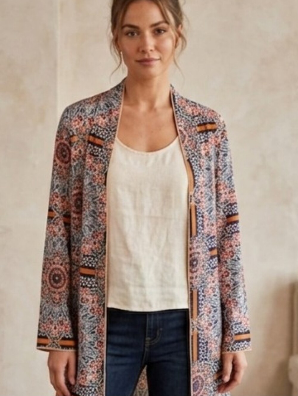POL Bohemian Long Kimono /Duster with Intricate Colored Patterns.